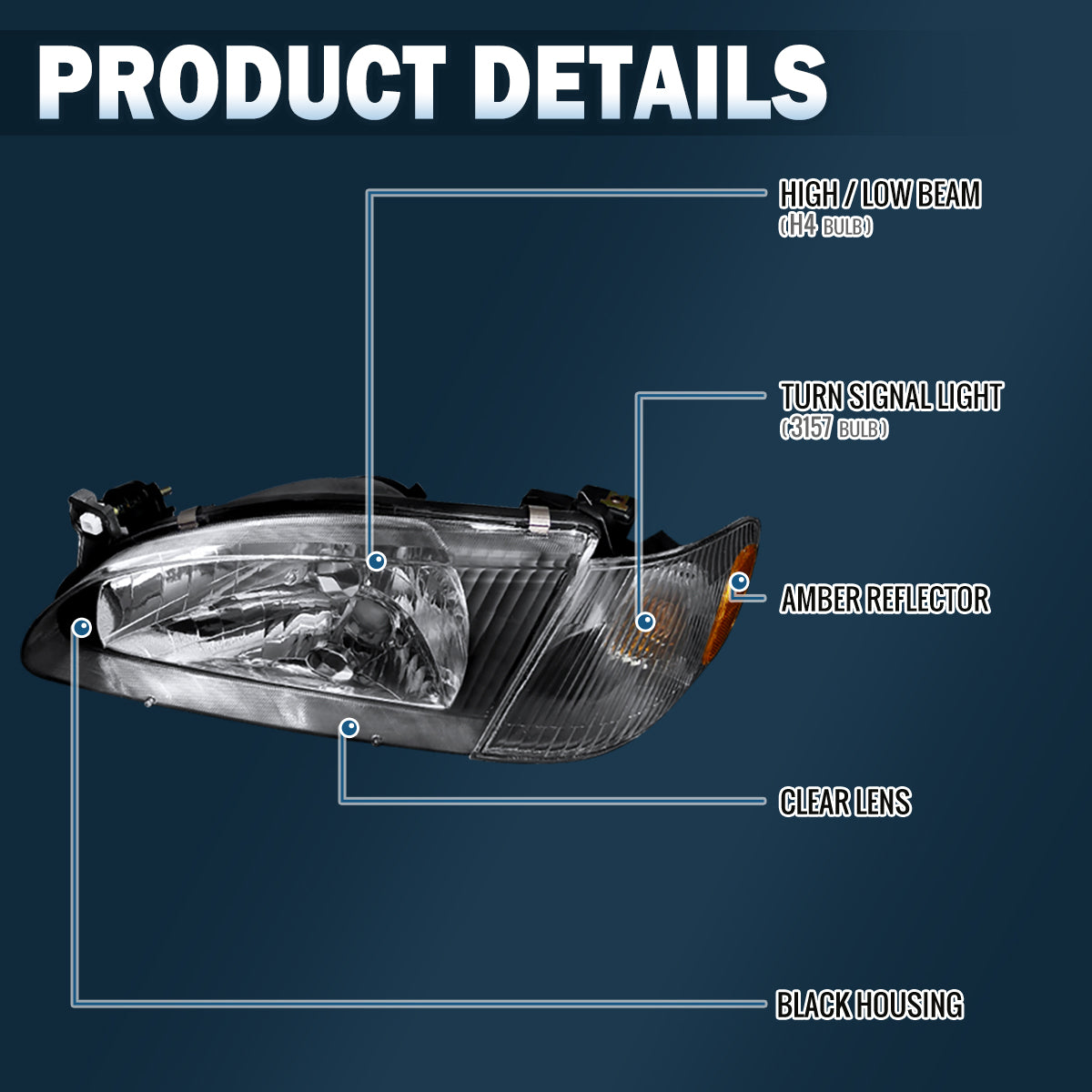 Ronnin - Compatible con Toyota Corolla 1998-2000 | Par de faros delanteros de repuesto + conjunto de luces direccionales de esquina | Negro