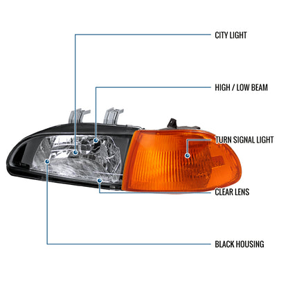 Ronnin - Fits 1992-1995 Honda Civic 4Dr Sedan Factory Replacement Headlights + Amber Corner Turn Signal Lights Assembly Pair | Black