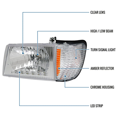 Ronnin - Fits 1992-2006 Ford Econoline E-Series Cargo Van LED Tube Headlights + Corner Parking Signal Lamps  Replacement Assembly Pair | Chrome