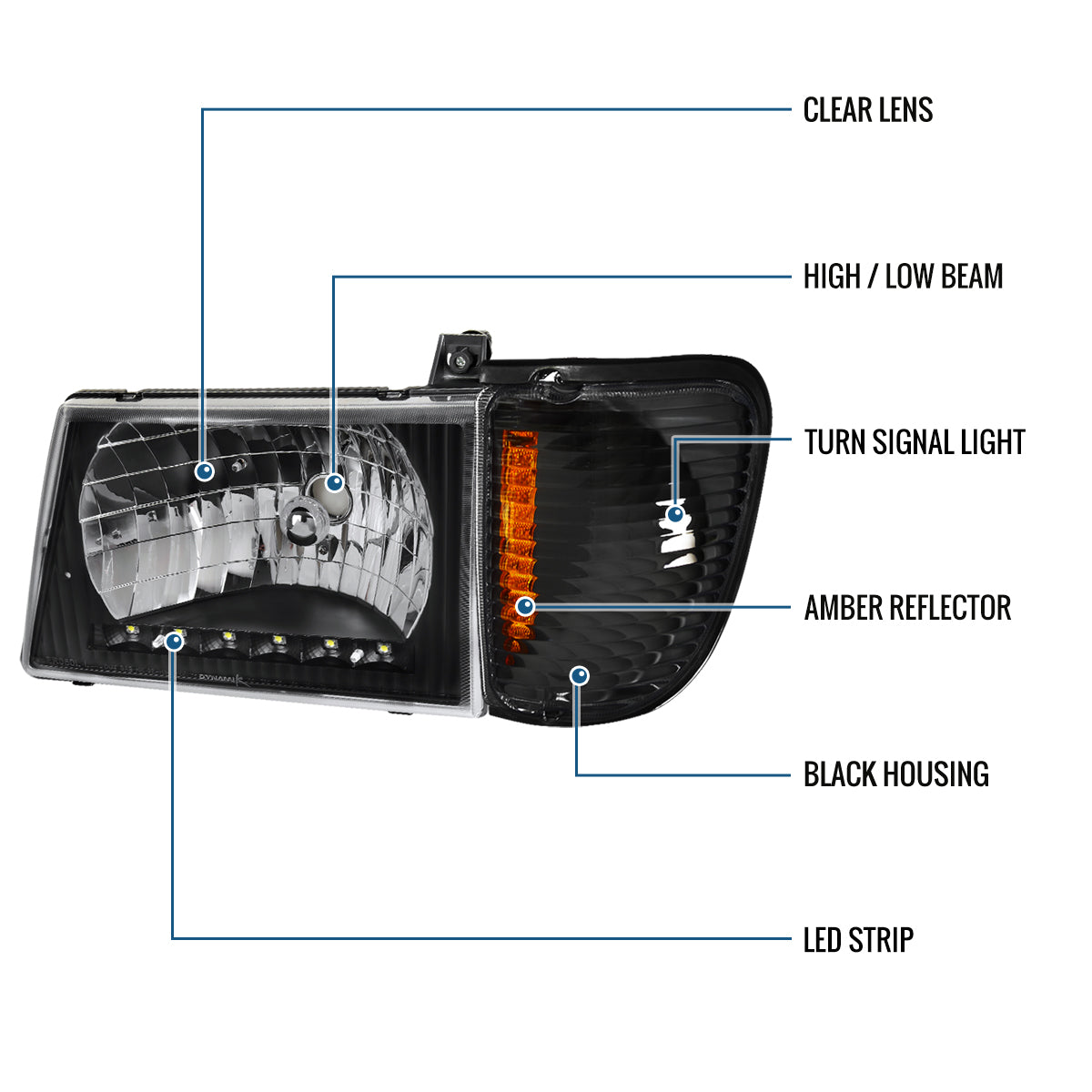 Ronnin - Fits 1992-2006 Ford Econoline E-Series Cargo Van LED Tube Headlights + Corner Parking Signal Lamps  Replacement Assembly Pair | Black