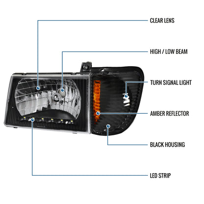 Ronnin - Fits 1992-2006 Ford Econoline E-Series Cargo Van LED Tube Headlights + Corner Parking Signal Lamps  Replacement Assembly Pair | Black