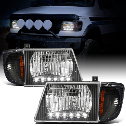 Ronnin - Fits 1992-2006 Ford Econoline E-Series Cargo Van LED Tube Headlights + Corner Parking Signal Lamps  Replacement Assembly Pair | Black