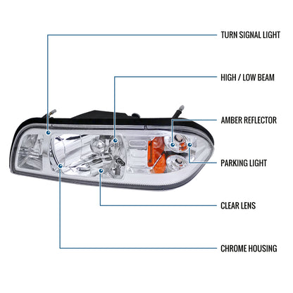 Ronnin - Fits 1987-1993 Ford Mustang Factory Replacement All-in-One Headlights Assembly Pair | Chrome