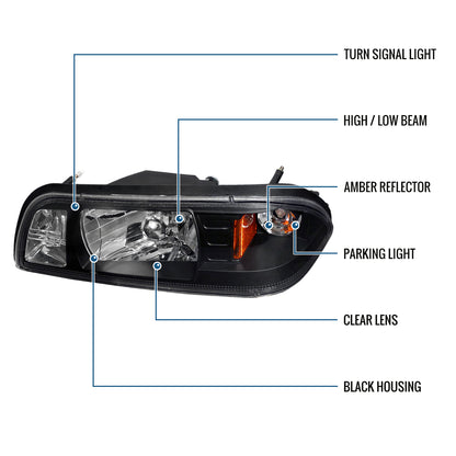 Ronnin - Fits 1987-1993 Ford Mustang Factory Replacement All-in-One Headlights Assembly Pair | Black