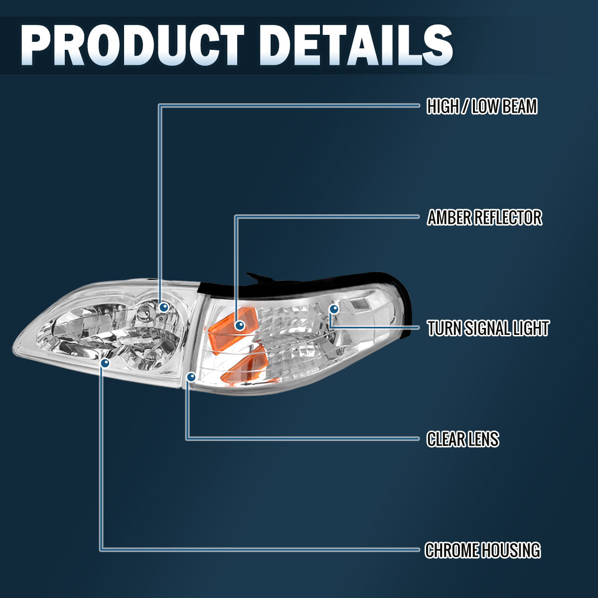 Ronnin - Faros de repuesto de fábrica para Ford Mustang 1994-1998 + Conjunto de luces direccionales de esquina Par | Cromo