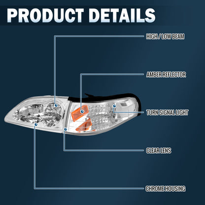 Ronnin - Faros de repuesto de fábrica para Ford Mustang 1994-1998 + Conjunto de luces direccionales de esquina Par | Cromo