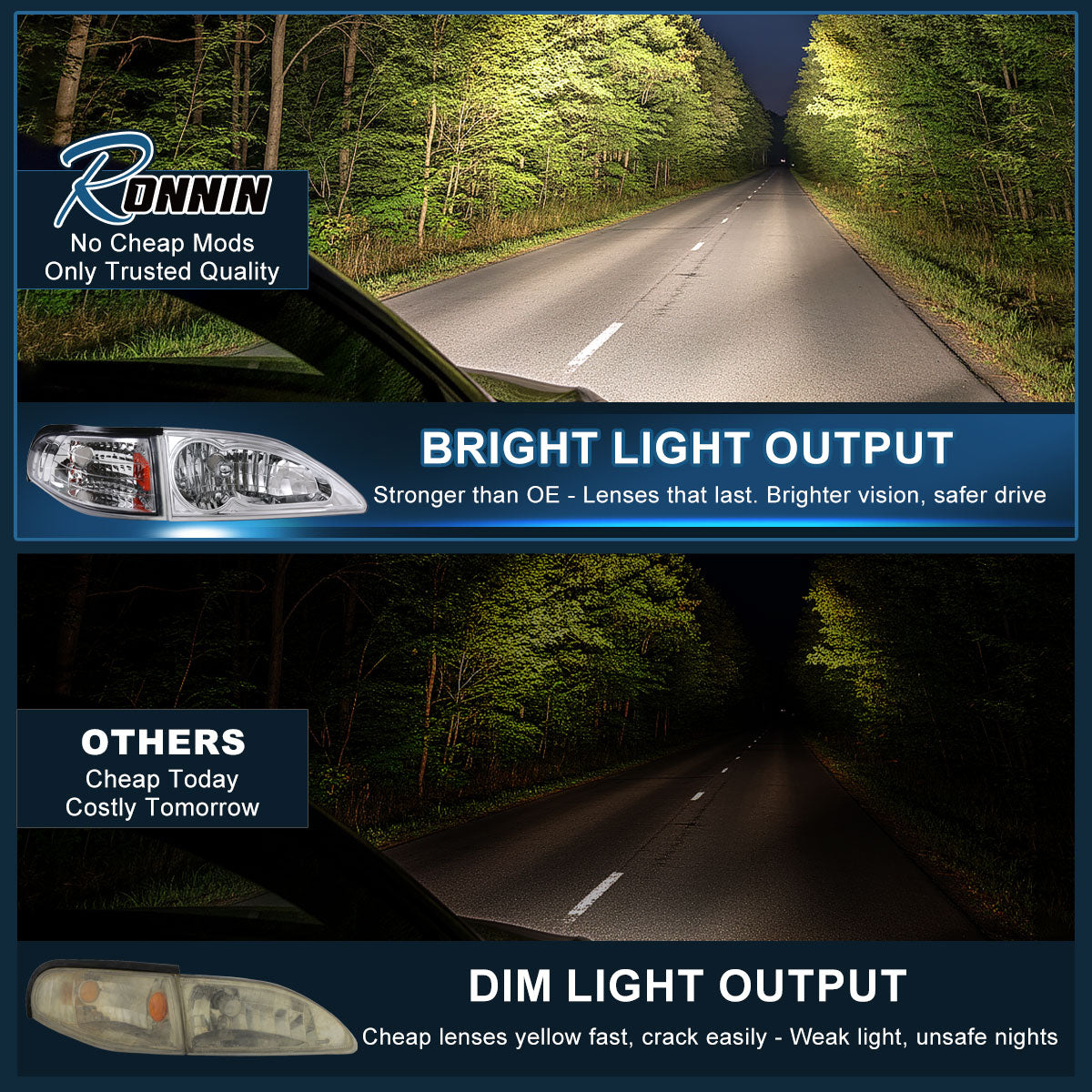 Ronnin - Faros de repuesto de fábrica para Ford Mustang 1994-1998 + Conjunto de luces direccionales de esquina Par | Cromo