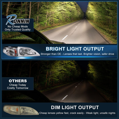 Ronnin - Faros de repuesto de fábrica para Ford Mustang 1994-1998 + Conjunto de luces direccionales de esquina Par | Cromo
