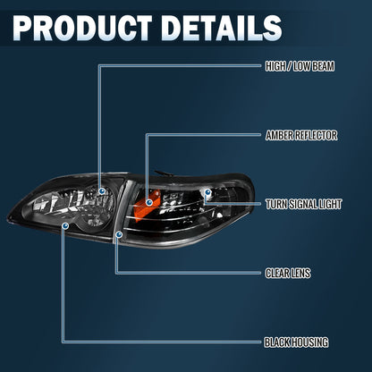 Ronnin - Compatible con Ford Mustang 1994-1998, par de faros delanteros de repuesto + conjunto de luces direccionales de esquina | Negro