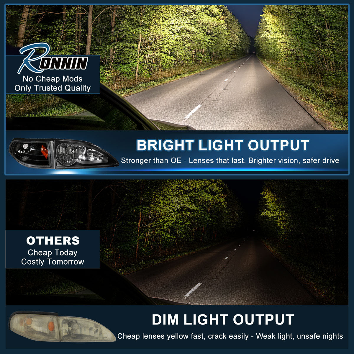 Ronnin - Compatible con Ford Mustang 1994-1998, par de faros delanteros de repuesto + conjunto de luces direccionales de esquina | Negro
