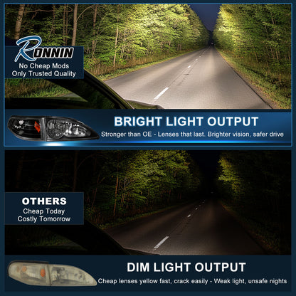 Ronnin - Compatible con Ford Mustang 1994-1998, par de faros delanteros de repuesto + conjunto de luces direccionales de esquina | Negro