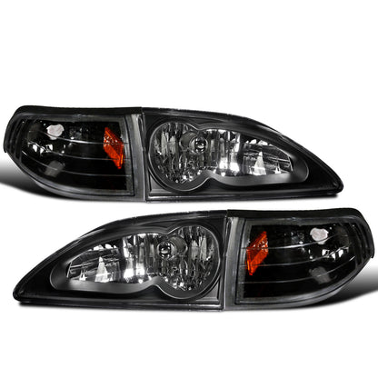 Ronnin - Compatible con Ford Mustang 1994-1998, par de faros delanteros de repuesto + conjunto de luces direccionales de esquina | Negro