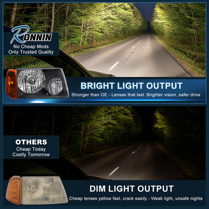 Ronnin - Faros de repuesto para Ford Ranger 2001-2011 + Par de luces direccionales de esquina ámbar | Negro