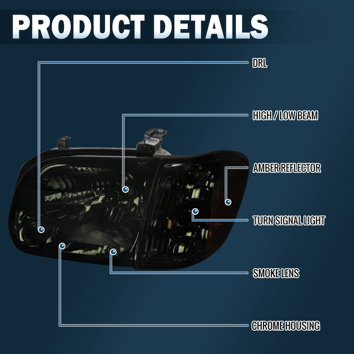 Ronnin - Compatible con Toyota Tundra Sequoia 2005-2007 Juego de faros delanteros halógenos de repuesto + luces de esquina | Ahumado