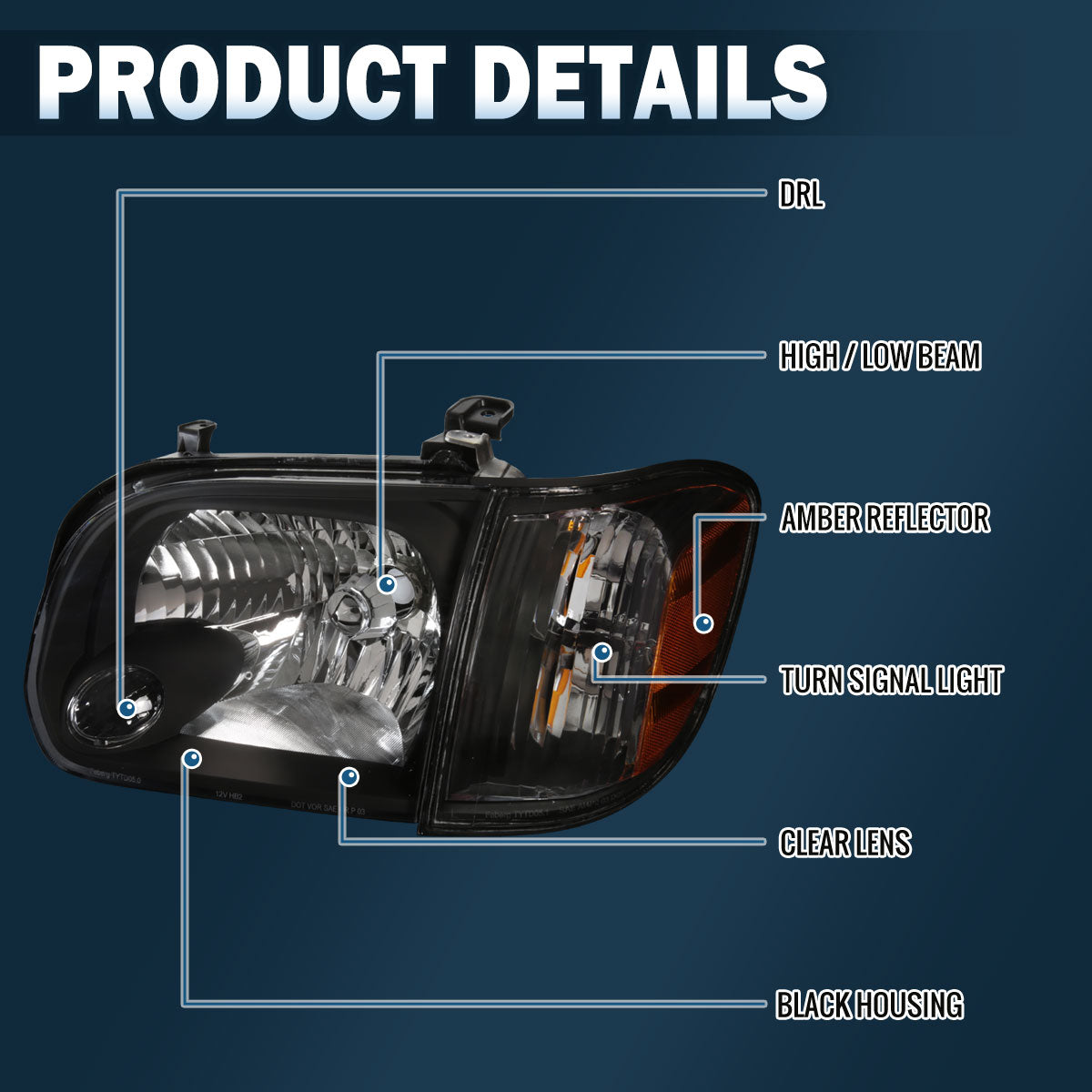 Ronnin - Se adapta a los faros delanteros halógenos de repuesto de fábrica para Toyota Tundra Sequoia 2005-2007 + conjunto de luces de esquina par | Negro