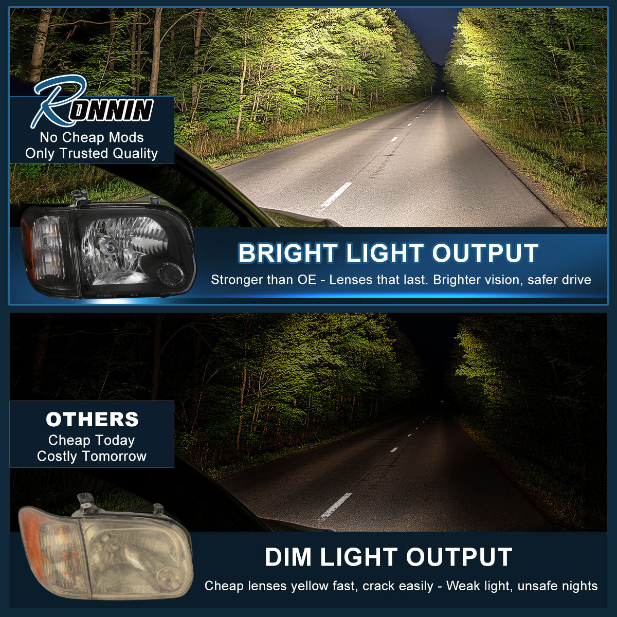 Ronnin - Se adapta a los faros delanteros halógenos de repuesto de fábrica para Toyota Tundra Sequoia 2005-2007 + conjunto de luces de esquina par | Negro