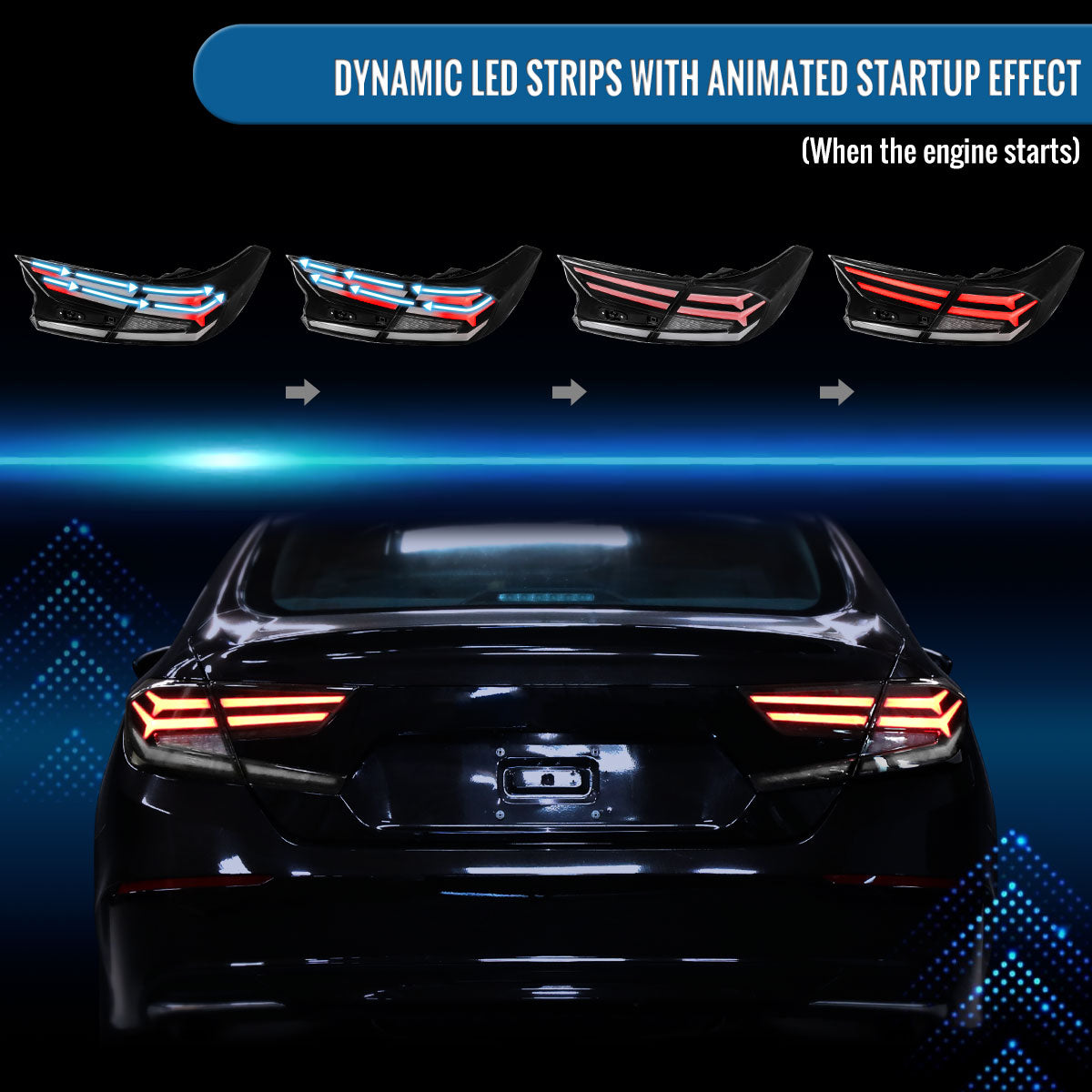 Ronnin - Fits 2018-2022 Honda Accord Sedan 4Dr Upgraded Full LED Tail Lights Sequential Turn Signals + Animated Startup Effect Assembly Pair | Black