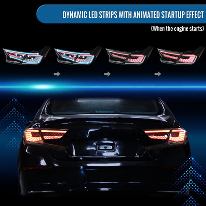 Ronnin - Fits 2018-2022 Honda Accord Sedan 4Dr Aggressive Upgraded Full LED Tail Lights Sequential Turn Signals + Animated Startup Effect Assembly Pair | Black