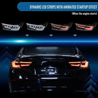Ronnin - Fits 2018-2022 Honda Accord Sedan 4Dr Aggressive Upgraded Full LED Tail Lights Sequential Turn Signals + Animated Startup Effect Assembly Pair | Black Smoke | White Tube