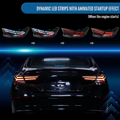 Ronnin - Fits 2018-2022 Honda Accord Sedan 4Dr Upgraded Full LED Tail Lights Sequential Turn Signals + Animated Startup Effect Assembly Pair | Black Smoke