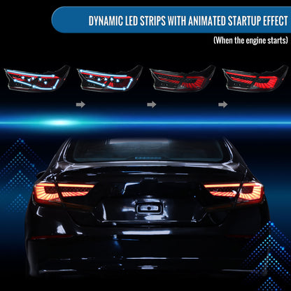 Ronnin - Fits 2018-2022 Honda Accord Sedan 4Dr Aggressive Upgraded Full LED Tail Lights Sequential Turn Signals + Animated Startup Effect Assembly Pair | Black Smoke