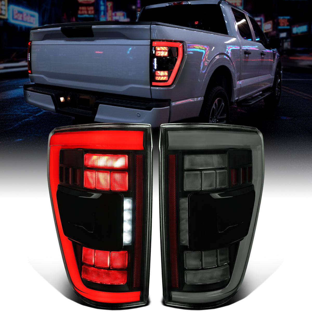 Ronnin - Luces traseras LED completas para Ford F150 2021-2023 con intermitentes secuenciales de punto ciego + conjunto de efecto de inicio animado | Humo negro | Tubo blanco