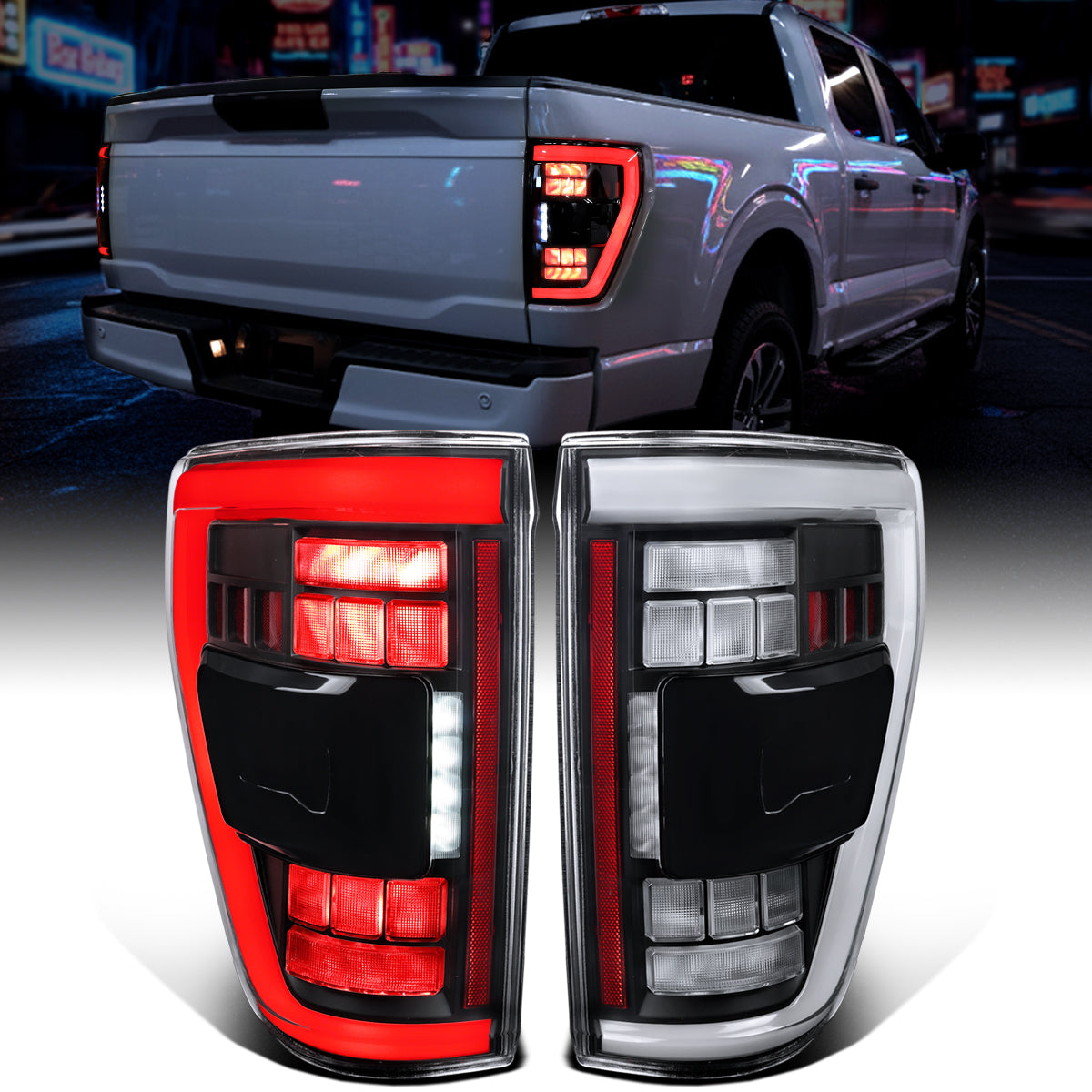 Ronnin - Luces traseras LED completas para Ford F150 2021-2023 con intermitentes secuenciales de punto ciego + conjunto de efecto de inicio animado | Negro | Tubo blanco