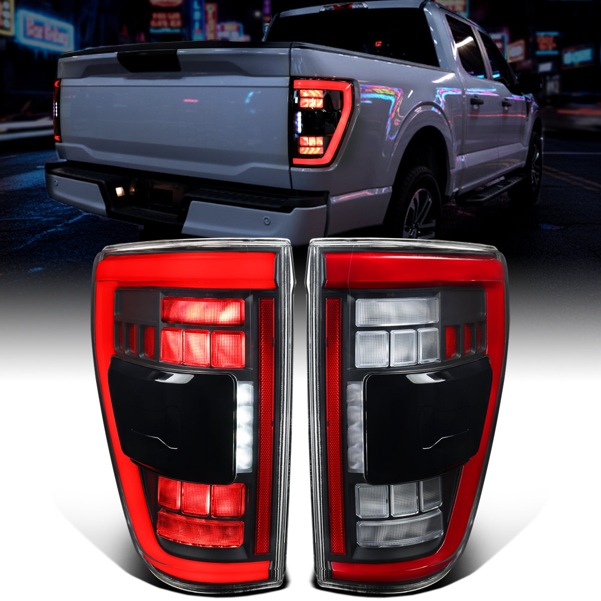 Ronnin - Luces traseras LED completas para Ford F150 2021-2023 con intermitentes secuenciales de punto ciego + conjunto de efecto de arranque animado | Negro