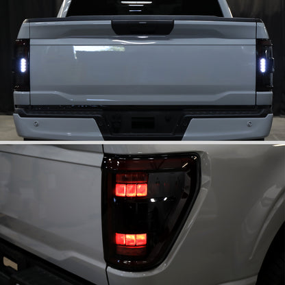 Ronnin - Luces traseras LED completas para Ford F-150 2021-2023 con intermitentes secuenciales de punto ciego + conjunto de efecto de inicio animado | Negro Humo