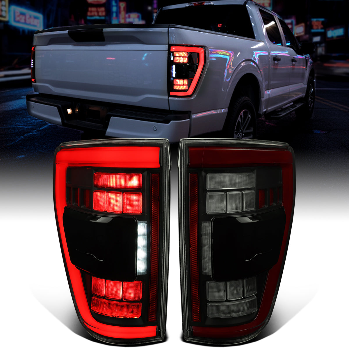 Ronnin - Luces traseras LED completas para Ford F-150 2021-2023 con intermitentes secuenciales de punto ciego + conjunto de efecto de inicio animado | Negro Humo