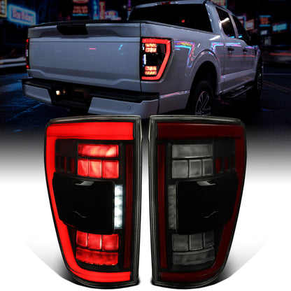 Ronnin - Luces traseras LED completas para Ford F-150 2021-2023 con intermitentes secuenciales de punto ciego + conjunto de efecto de inicio animado | Negro Humo