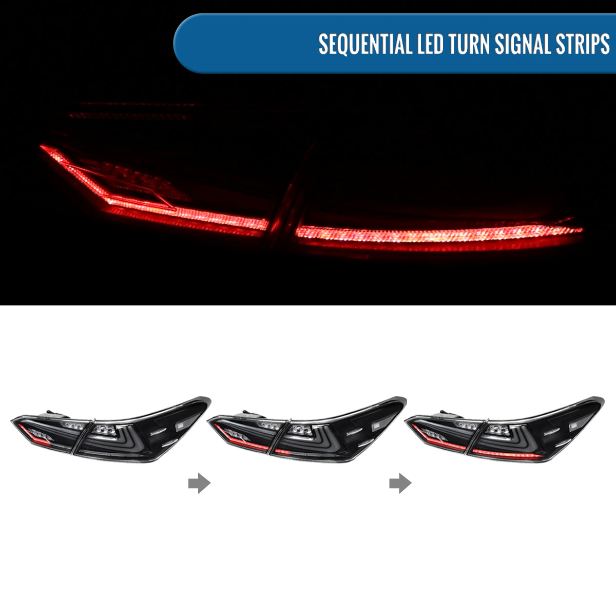 Ronnin - Fits 2018-2022 Toyota Camry Full LED Tail Lights Sequential Turn Signal + Animated Startup Effect Lamps Assembly Pair | Black