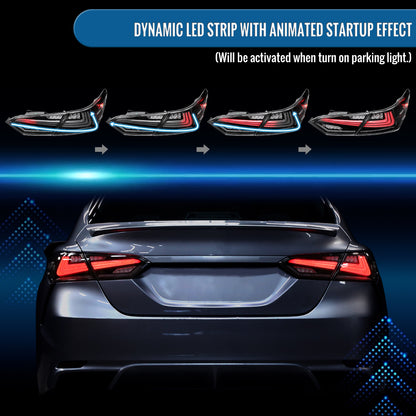 Ronnin - Fits 2018-2022 Toyota Camry Full LED Tail Lights Sequential Turn Signal + Animated Startup Effect Lamps Assembly Pair | Black