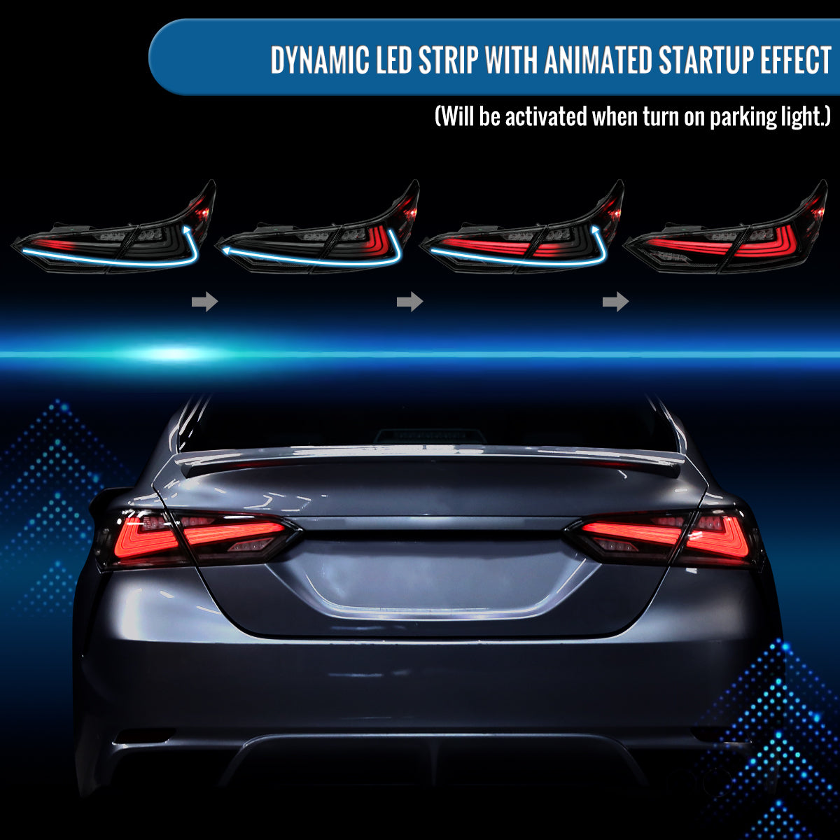 Ronnin - Fits 2018-2022 Toyota Camry Full LED Tail Lights Sequential Turn Signal + Animated Startup Effect Lamps Assembly Pair | Black Smoke