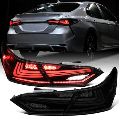 Ronnin - Fits 2018-2022 Toyota Camry Full LED Tail Lights Sequential Turn Signal + Animated Startup Effect Lamps Assembly Pair | Black Smoke