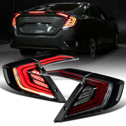 Ronnin - Fits 2016-2021 Honda Civic Sedan 4Dr Full LED Sequential Turn Signals + Animated Startup Effect Tail Lights Assembly Pair | Black Smoke