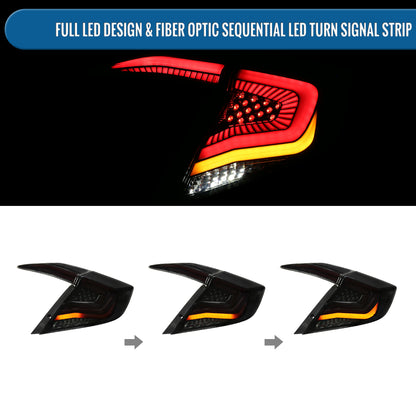 Ronnin - Fits 2016-2021 Honda Civic Sedan 4Dr Aggressive Full LED Sequential Turn Signals + Animated Startup Effect Tail Lights Assembly Pair | Black Smoke