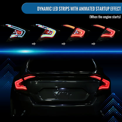 Ronnin - Fits 2016-2021 Honda Civic Sedan 4Dr Aggressive Full LED Sequential Turn Signals + Animated Startup Effect Tail Lights Assembly Pair | Black Smoke
