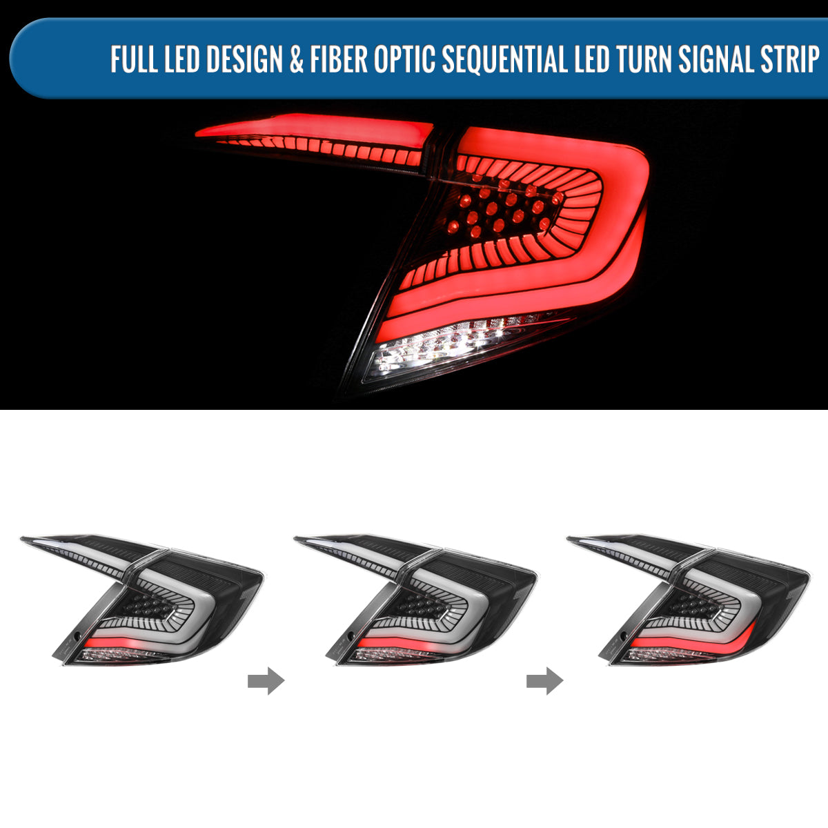 Ronnin - Fits 2016-2021 Honda Civic Sedan 4Dr Aggressive Full LED Sequential Turn Signals + Animated Startup Effect Tail Lights Assembly Pair | Black