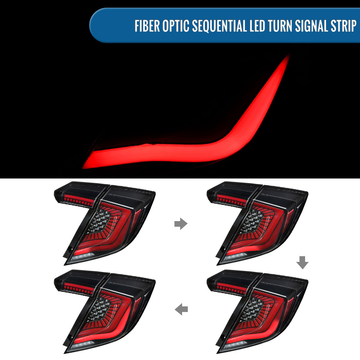 Ronnin - Fits 2017-2021 Honda Civic Hatchback Full LED Tail Lights Animated Startup Effect + Sequential Signal Lamps Replacement Pair | Glossy Black