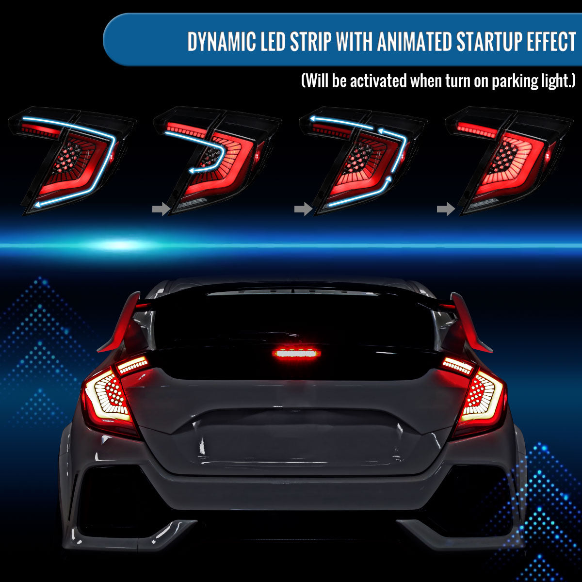 Ronnin - Fits 2017-2021 Honda Civic Hatchback Full LED Tail Lights Animated Startup Effect + Sequential Signal Lamps Replacement Pair | Glossy Black
