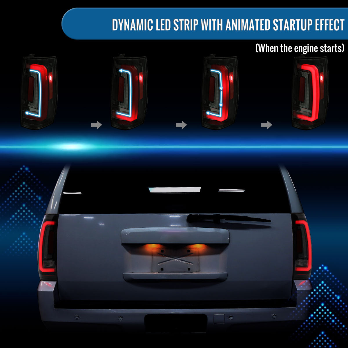 Ronnin - Fits 2007-2014 Chevy Tahoe Suburban GMC Yukon Denali XL Tail Lights LED Integrated Brake and Sequential Turn Signals + Animated Startup Effect Assembly Pair | Black Smoke