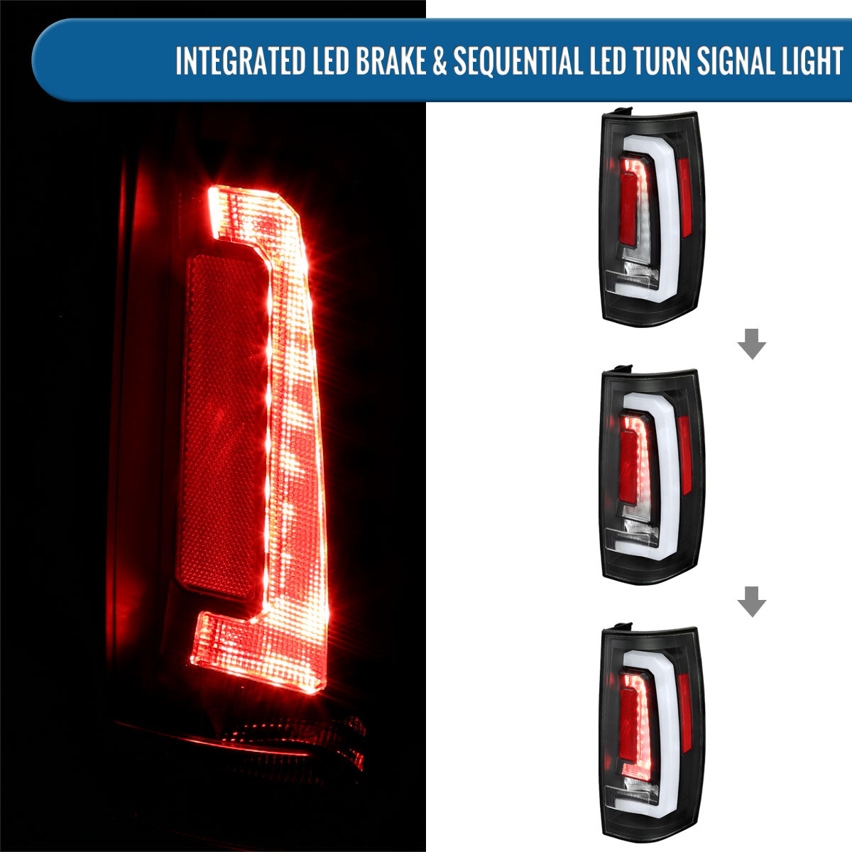 Ronnin - Fits 2007-2014 Chevy Tahoe Suburban GMC Yukon Denali XL Tail Lights LED Integrated Brake and Sequential Turn Signals + Animated Startup Effect Assembly Pair | Black | White Tube
