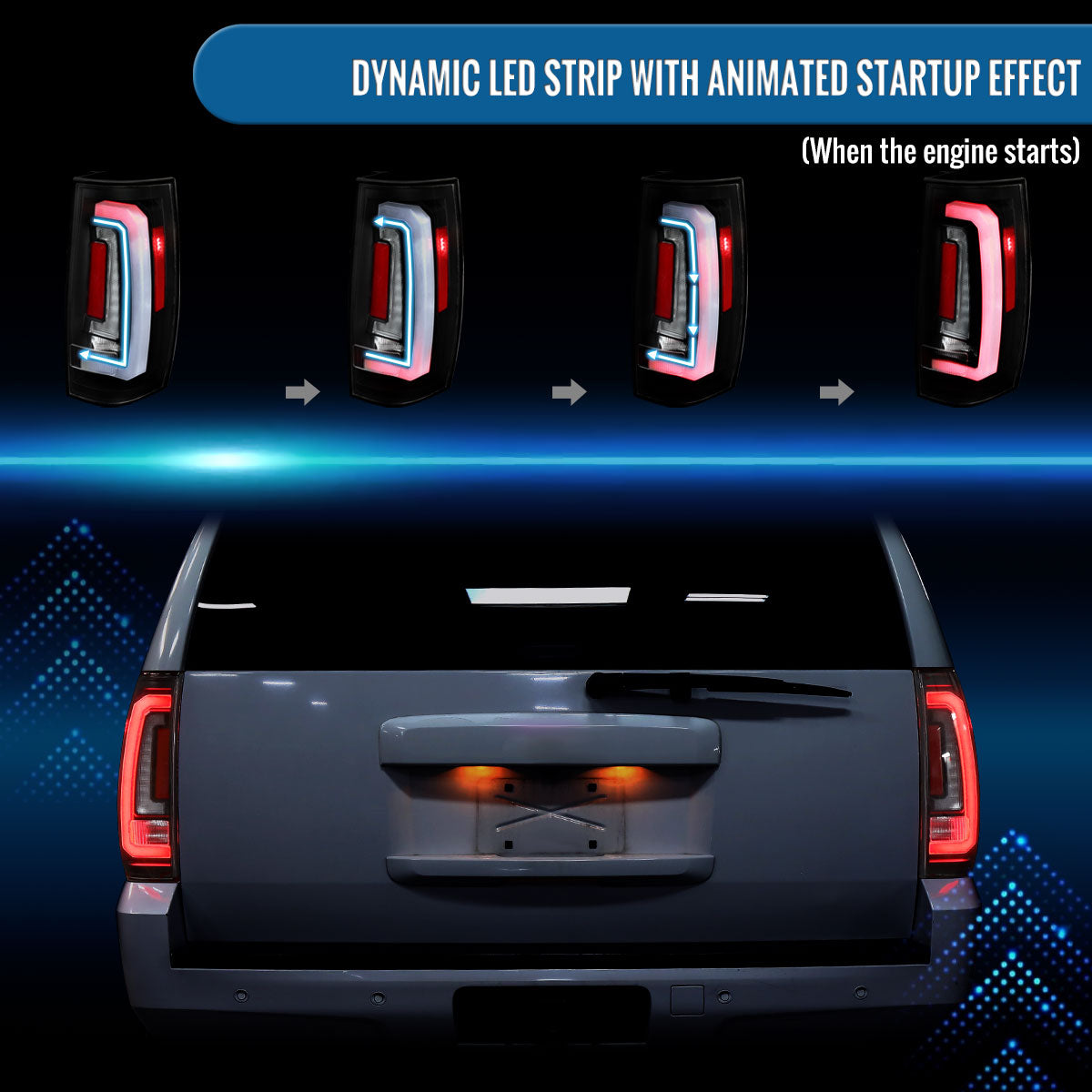 Ronnin - Fits 2007-2014 Chevy Tahoe Suburban GMC Yukon Denali XL Tail Lights LED Integrated Brake and Sequential Turn Signals + Animated Startup Effect Assembly Pair | Black | White Tube