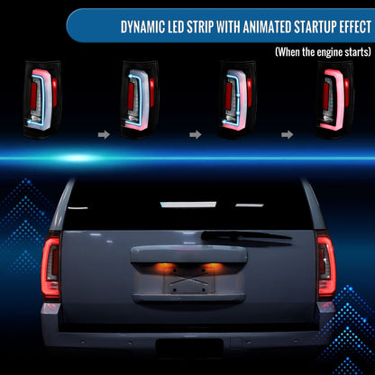 Ronnin - Fits 2007-2014 Chevy Tahoe Suburban GMC Yukon Denali XL Tail Lights LED Integrated Brake and Sequential Turn Signals + Animated Startup Effect Assembly Pair | Black | White Tube