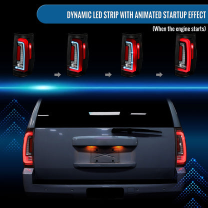 Ronnin - Fits 2007-2014 Chevy Tahoe Suburban GMC Yukon Denali XL Tail Lights LED Integrated Brake and Sequential Turn Signals + Animated Startup Effect Assembly Pair | Black