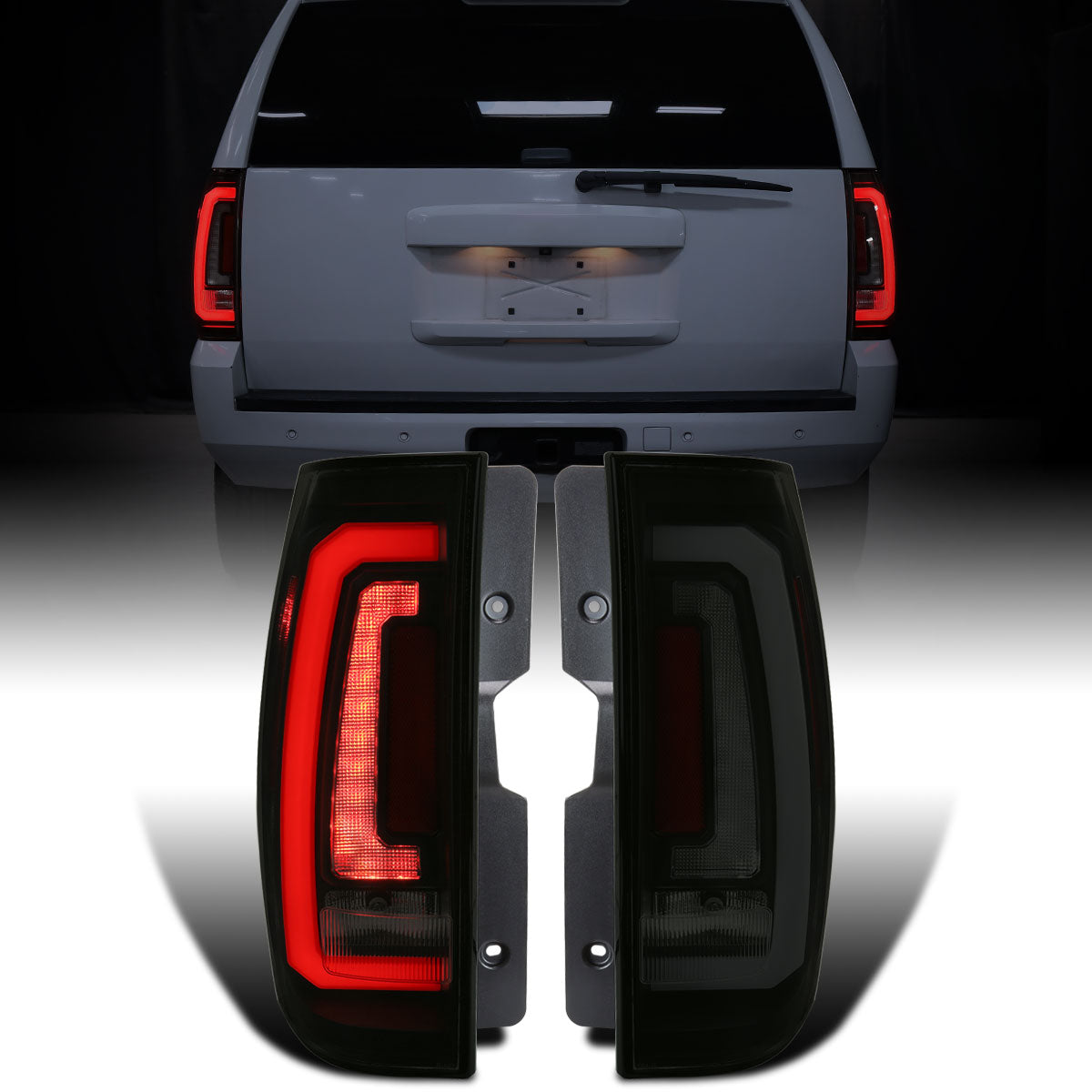 Ronnin - Fits 2007-2014 Chevy Tahoe Suburban GMC Yukon Denali XL Tail Lights LED Integrated Brake and Sequential Turn Signals + Animated Startup Effect Assembly Pair | Black Smoke | White Tube