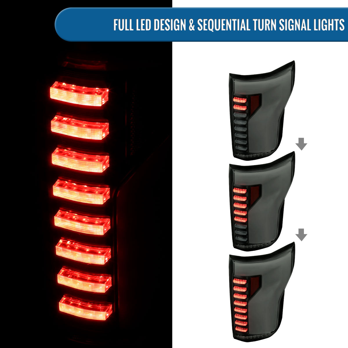 Ronnin - Fits 2015-2017 Ford F150 Full LED Tail Lights Sequential Turn Signals + Animated Startup Effect Parking Assembly | Black Smoke | White Tube