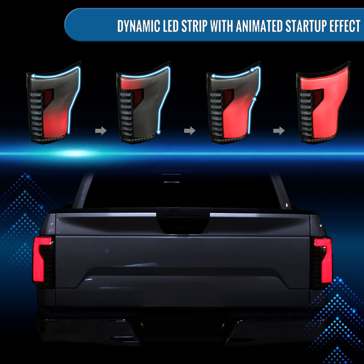 Ronnin - Fits 2015-2017 Ford F150 Full LED Tail Lights Sequential Turn Signals + Animated Startup Effect Parking Assembly | Black Smoke | White Tube