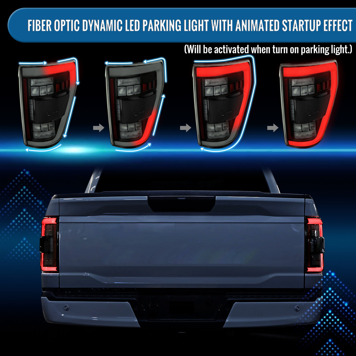 Ronnin - Fits 2021-2023 Ford F150 Full LED Tail Lights without Blind Spot Sequential Turn Signals + Animated Startup Effect Parking Assembly | Black Smoke | White Tube